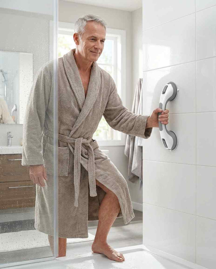Man in grijze badjas stapt uit de douche en steunt met één hand op de beugel aan de witte tegelwand. 15