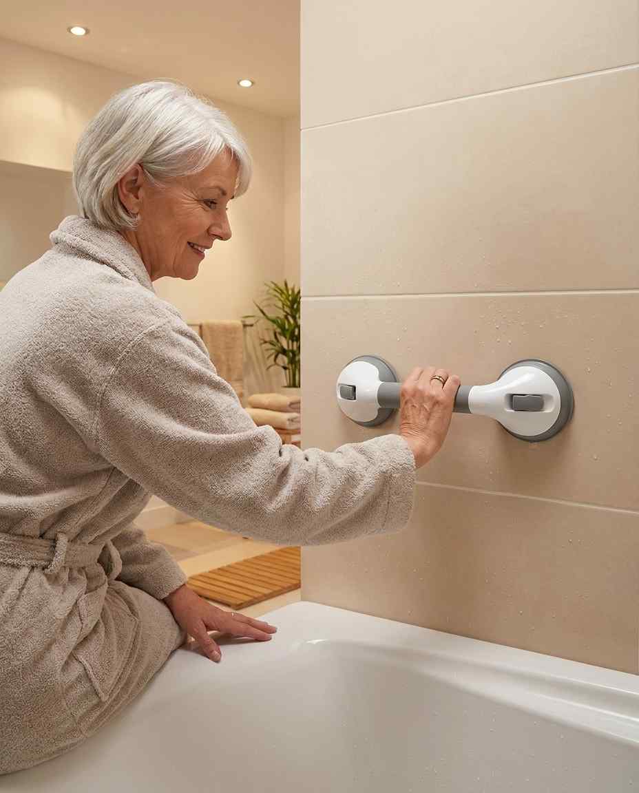 Lachende oudere vrouw in badjas zit op de badrand en houdt de horizontale beugel op de beige tegelwand vast. 16