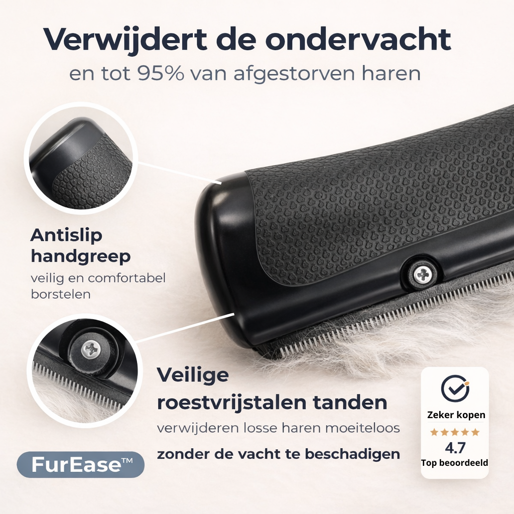 Schuin beeld van de borstel op witte vacht met uitvergrote details van de antislip handgreep en de roestvrijstalen tanden. 6