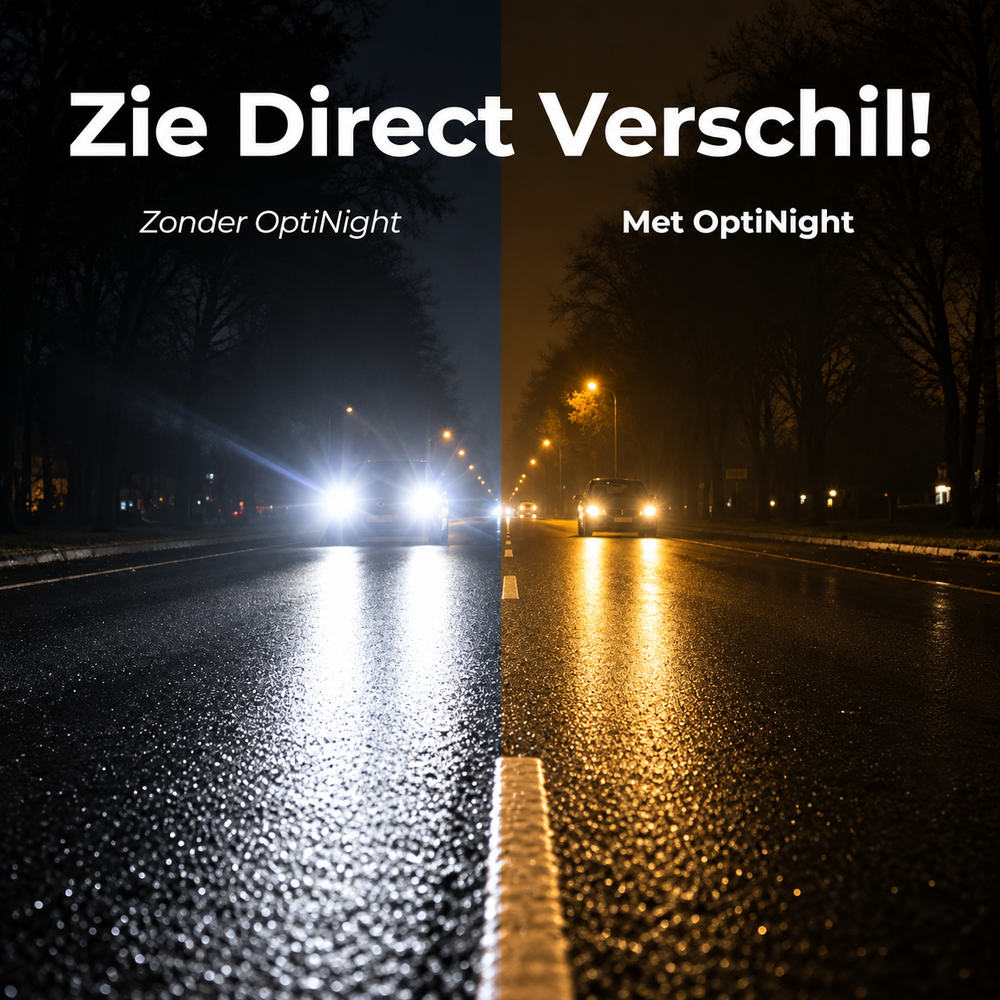 Vergelijking van een natte nachtelijke weg: links verblindende witte koplampen, rechts rustiger, warm geel beeld met minder schittering. 2