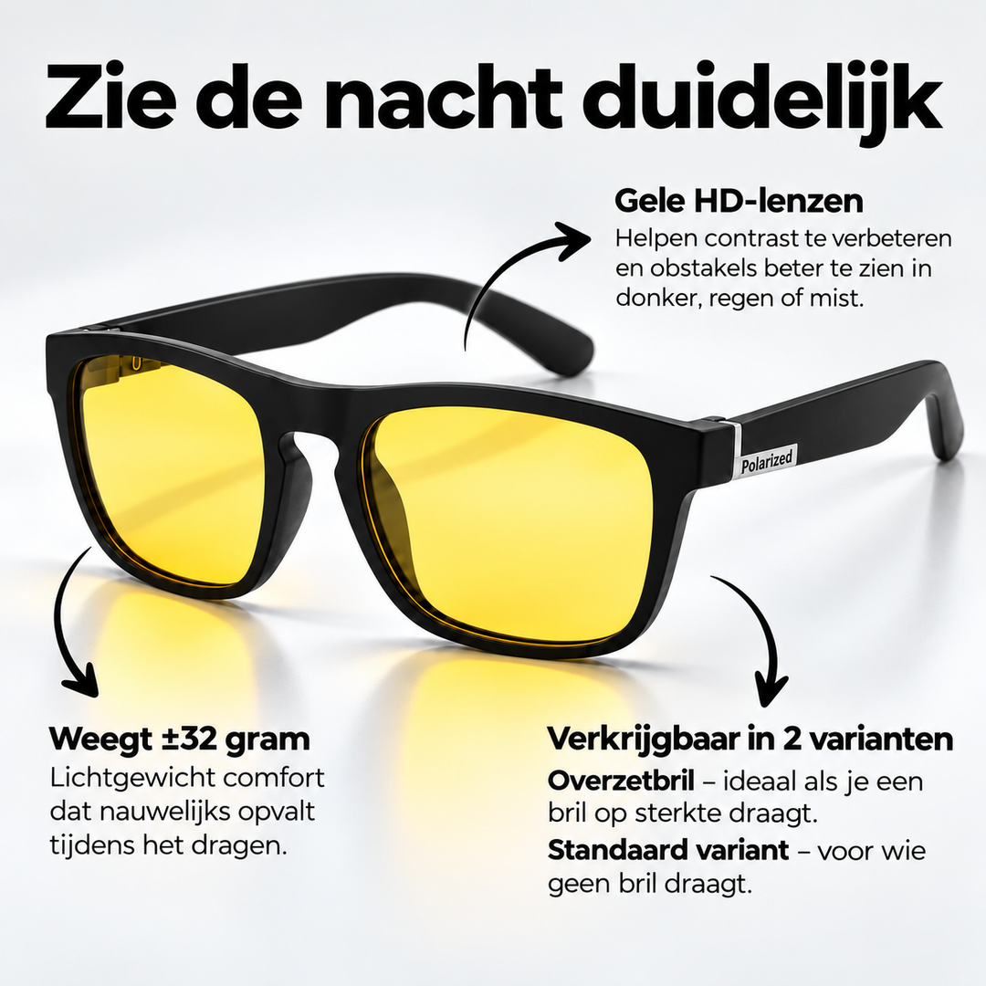 Gele nachtzichtbril met mat zwart montuur en uitleg over de HD-lenzen, het lage gewicht en de twee varianten. 5