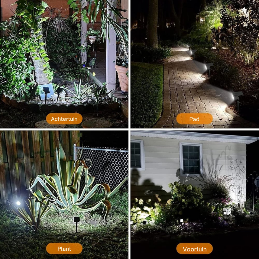 Vier avondfoto's van de spot met helder wit licht, gebruikt in de achtertuin, langs een pad, bij een plant en in de voortuin. 9