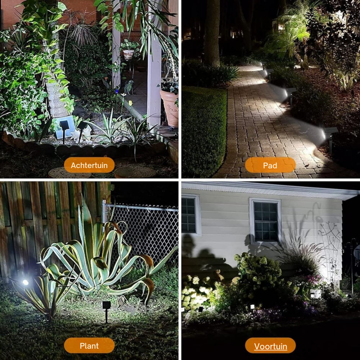 Vier avondfoto's van de spot met helder wit licht, gebruikt in de achtertuin, langs een pad, bij een plant en in de voortuin. 9