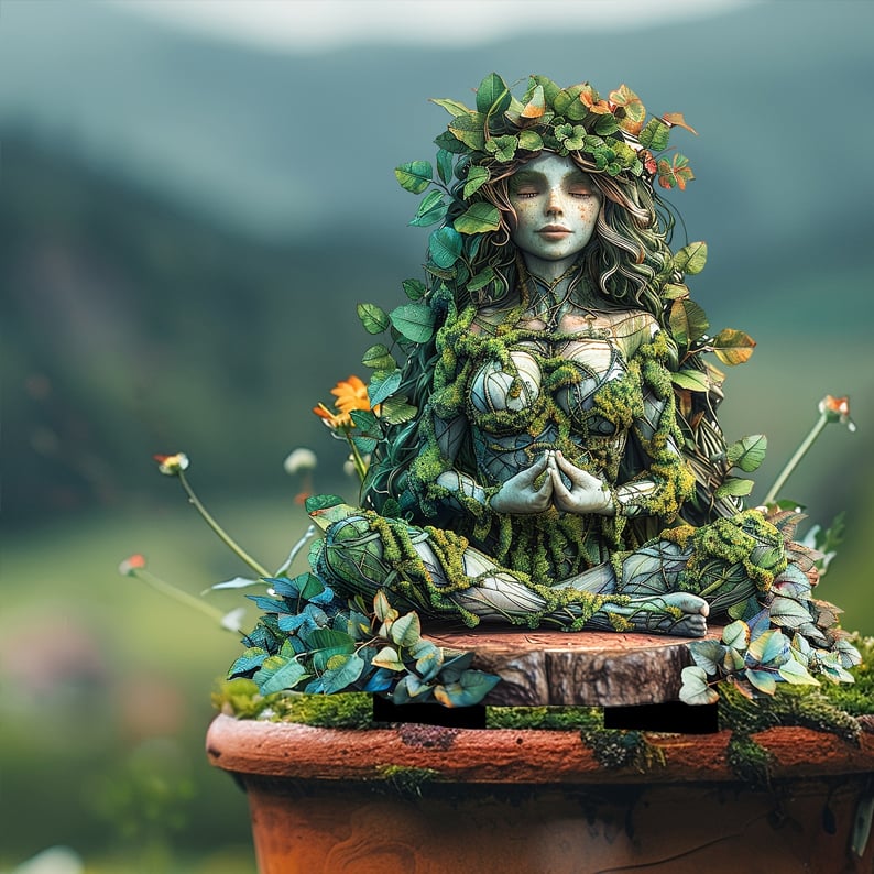Mediterende vrouwenfiguur met bladerkroon en gevouwen handen, geplaatst in een terracotta pot met oranje bloemen en glooiend landschap. 20