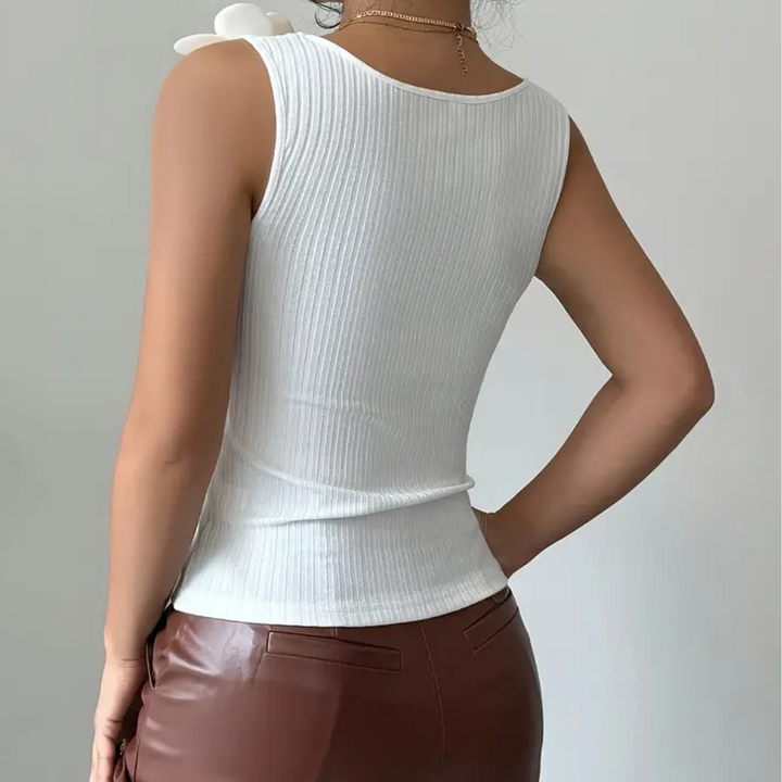 Trendy White Sleeveless Women's Top with Floral Details - Elara