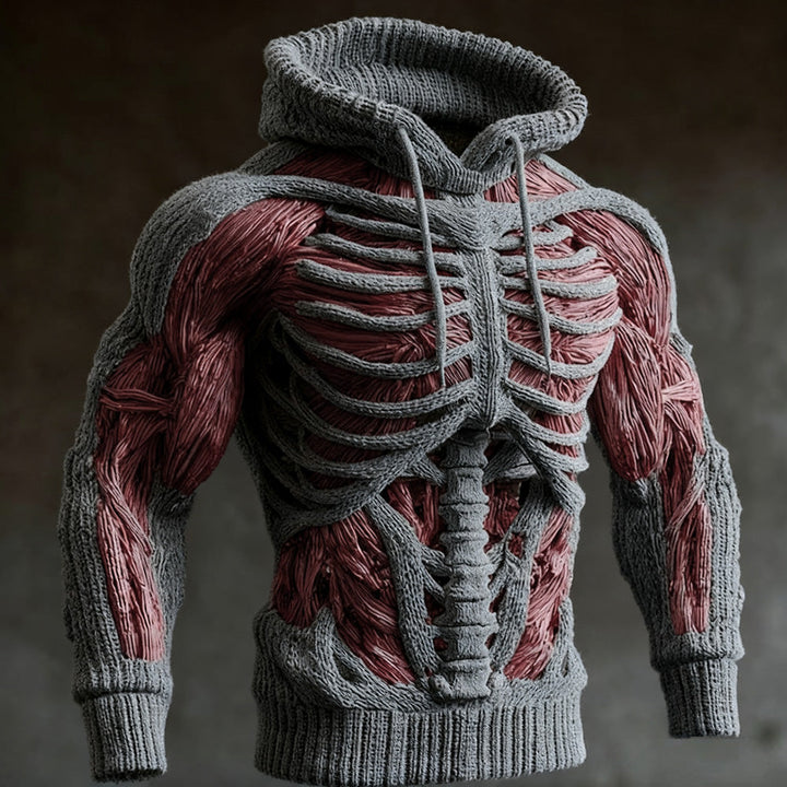 Grijze gebreide hoodie met 3D ribbenkast en rode spiervezels, schuin van voren gezien, met trekkoord en ribboorden. 1