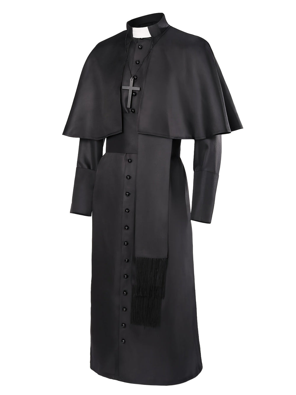 Zwart priestergewaad met cape, kruisketting en sjerp met franje, schuin van voren getoond op witte achtergrond 2