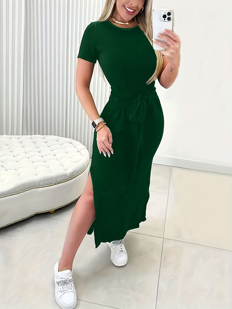 Trendy midi dress with waistband for women - summer cut