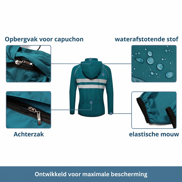 Petrolblauwe fietsjas achterkant met capuchon en vier details: opbergvak voor capuchon, waterafstotende stof, achterzak en elastische mouw. 12