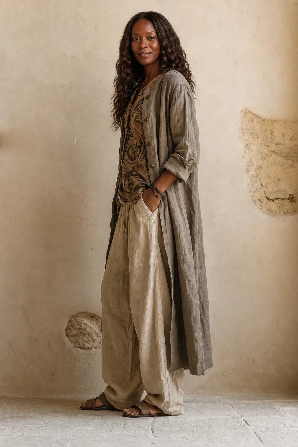 Zijaanzicht van het model: het lange vest met opgerolde mouwen valt recht naar beneden over de wijde broek en sandalen. 4