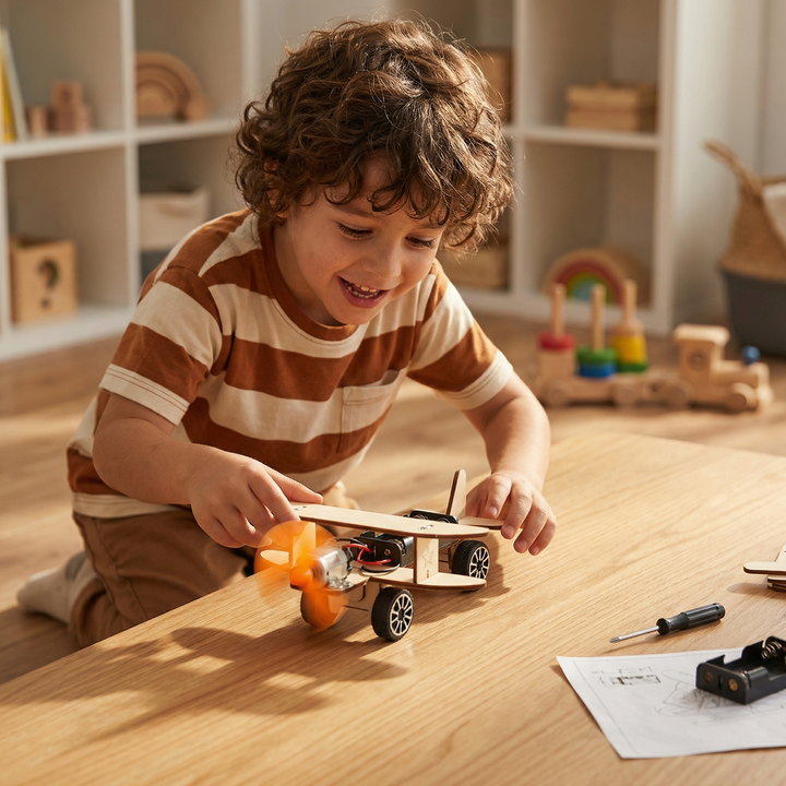 Blij kind speelt op een tafel met het houten dubbeldekkervliegtuig met oranje draaiende propeller, motor en wieltjes. 5