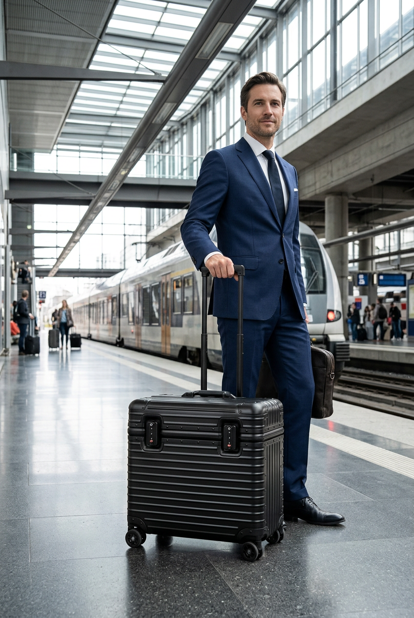 Man in blauw pak staat op een station met een zwarte harde koffer met uitgeschoven handvat 1