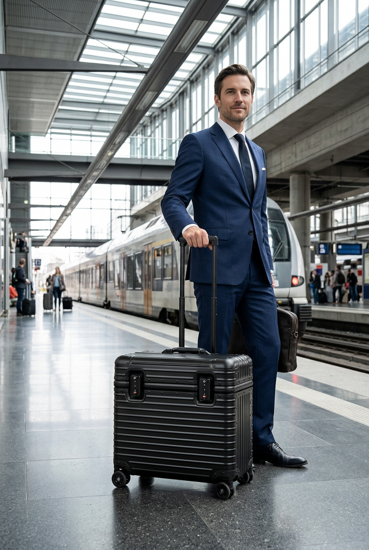 Man in blauw pak staat op een station met een zwarte harde koffer met uitgeschoven handvat 1