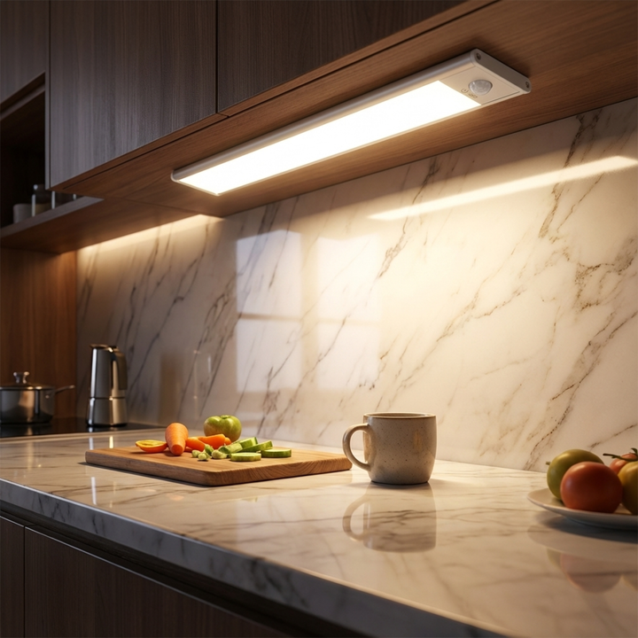 Smalle ledlamp onder een houten bovenkast in een keuken, verlicht het marmeren achterwand en een snijplank met groente. 1