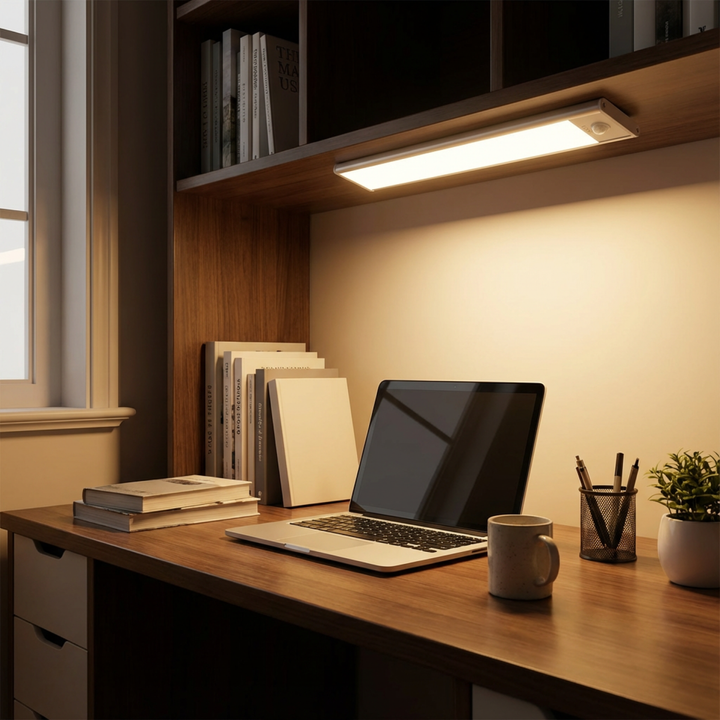 Ledlamp onder een plank boven een houten bureau met laptop, boeken, mok, pennenbak en plantje. 4