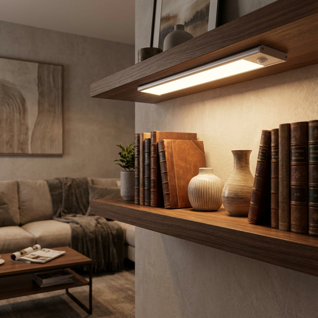Ledlamp onder een zwevende houten plank in de woonkamer, die boeken en vazen op de plank eronder beschijnt. 5