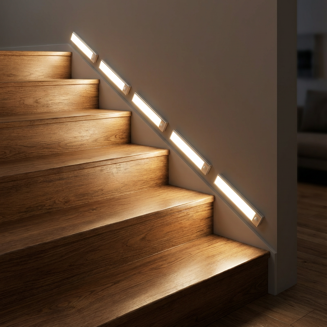 Vijf ledlampen langs de muur naast een houten trap, schuin gemonteerd en brandend, in een schemerig interieur. 3