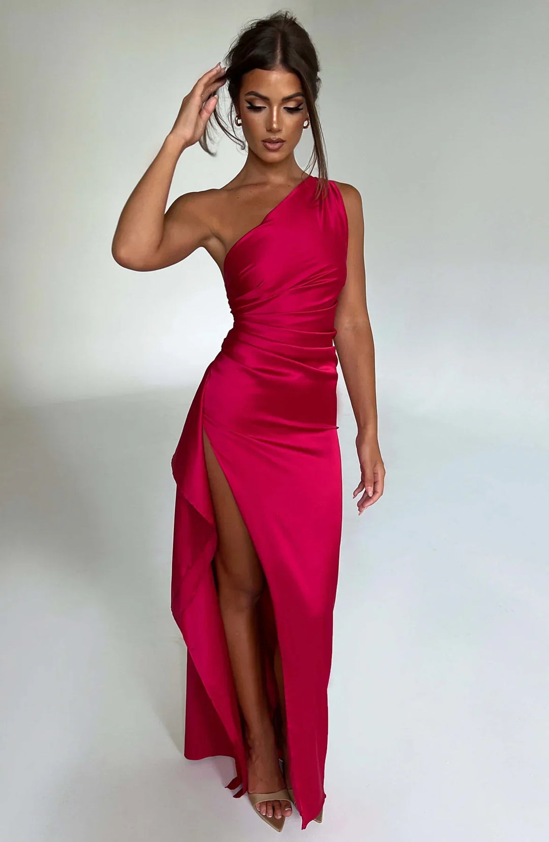 Satin One-Shoulder Split Dress - Vivienne