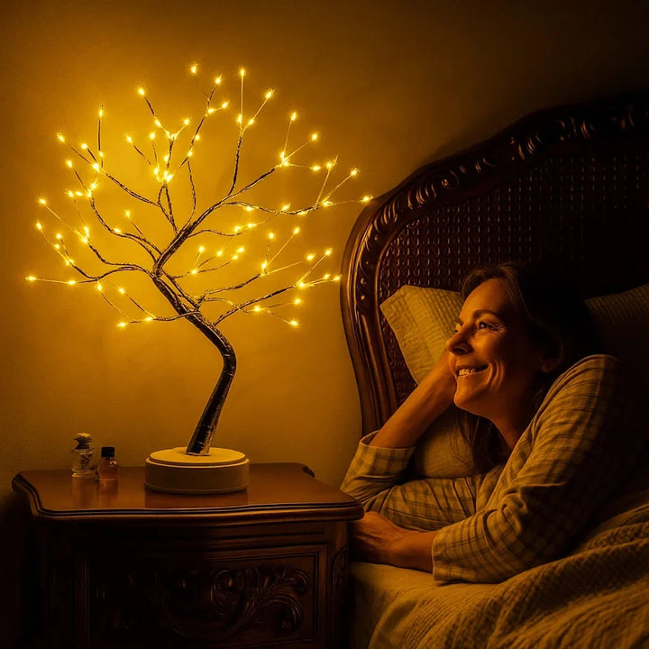 Verlichte boomlamp op een houten nachtkastje naast een lachende vrouw die in bed ligt 1