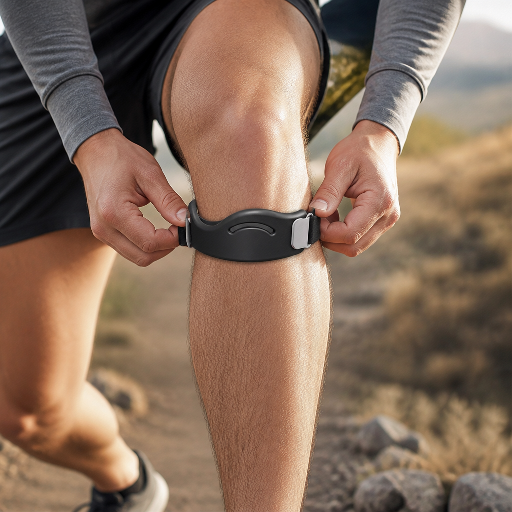 Zwarte kniesteunband wordt met beide handen vastgemaakt onder de knie van een sporter op een rotsachtig pad. 7
