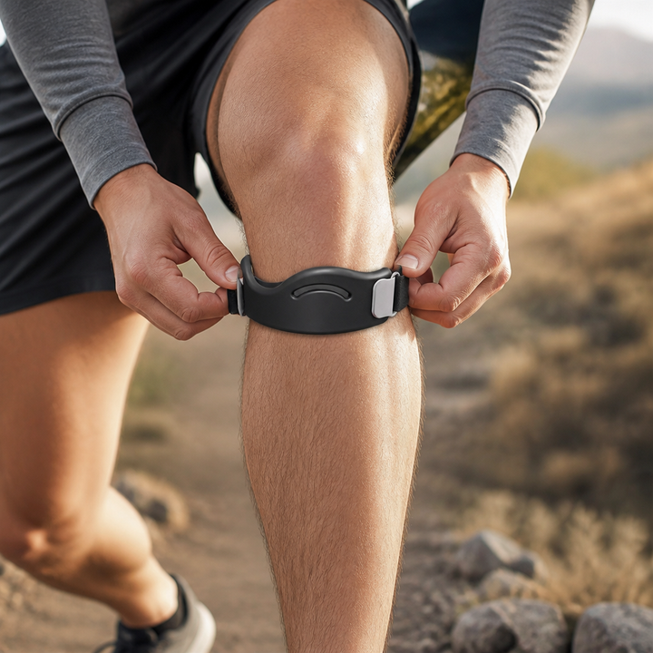 Zwarte kniesteunband wordt met beide handen vastgemaakt onder de knie van een sporter op een rotsachtig pad. 7