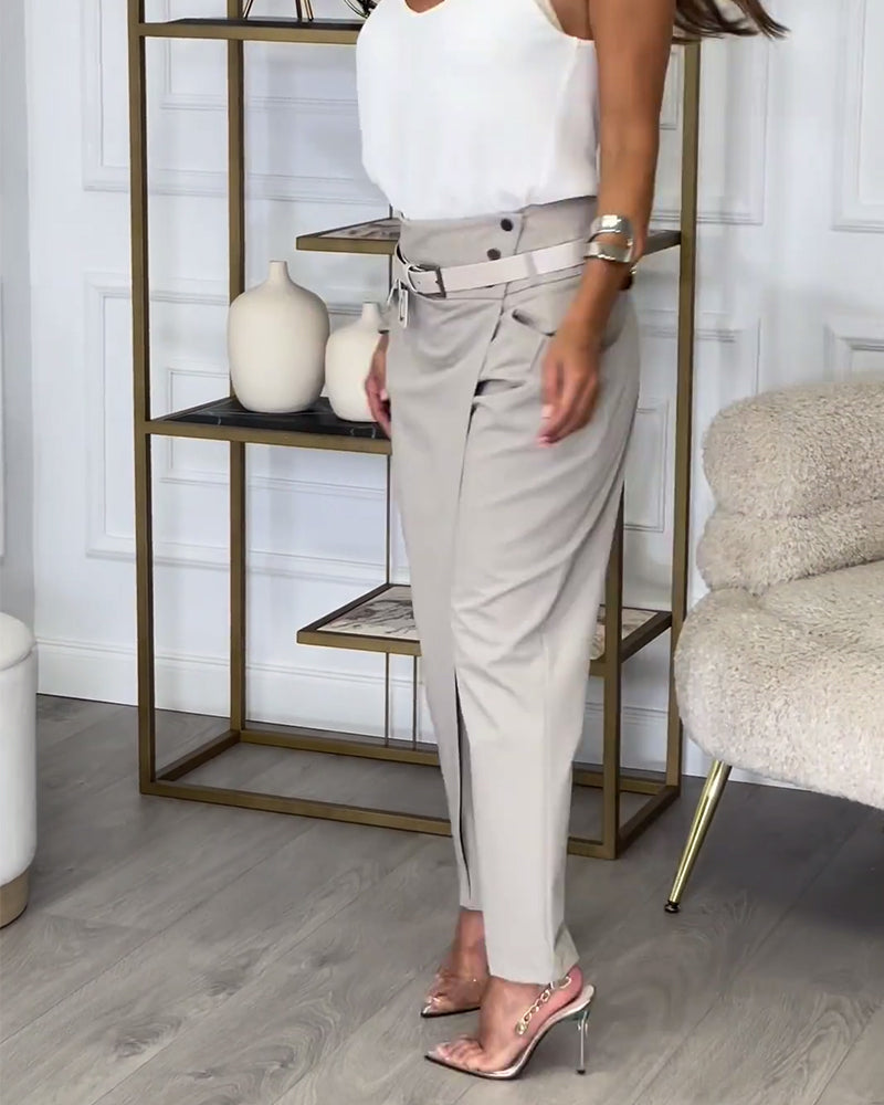 Trendy Women's Patchwork Pants with Belt - Liv