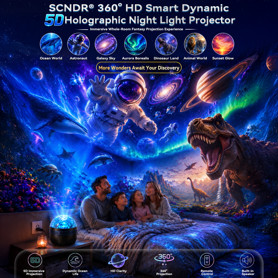 Gezin onder een slaapkamerplafond vol projecties van ruimte, oceaan en dinosaurussen, met de projector en zeven themamodi eronder. 1