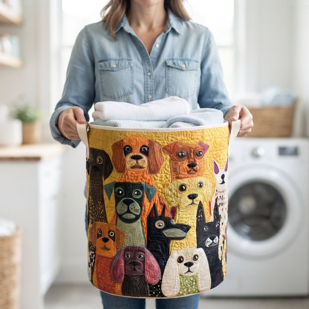 Vrouw in spijkerblouse draagt de hondenmand aan de handgrepen, gevuld met handdoeken, in een wasruimte met wasmachine. 4