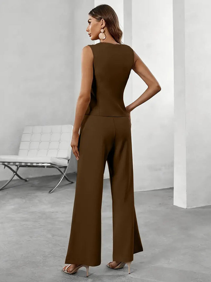 Trendy dames broekpak met gilet & flare broek – Selina