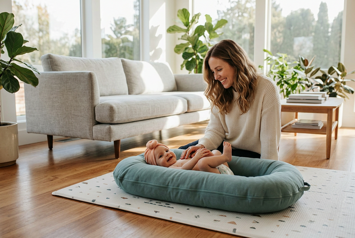 Lachende moeder zit in een zonnige woonkamer naast een baby in een groenblauw nestje op een speelmat 1