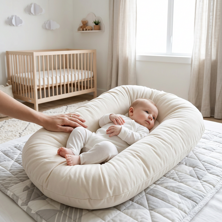 Baby in crèmewit ligstoeltje op een gewatteerd speelkleed in de babykamer, met een hand erbij 1