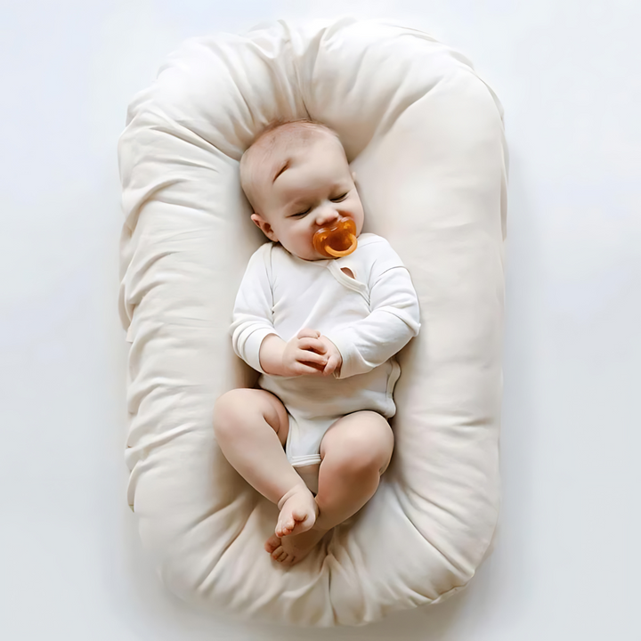 Slapende baby met oranje fopspeen ligt in een crèmewitte ligstoel 6