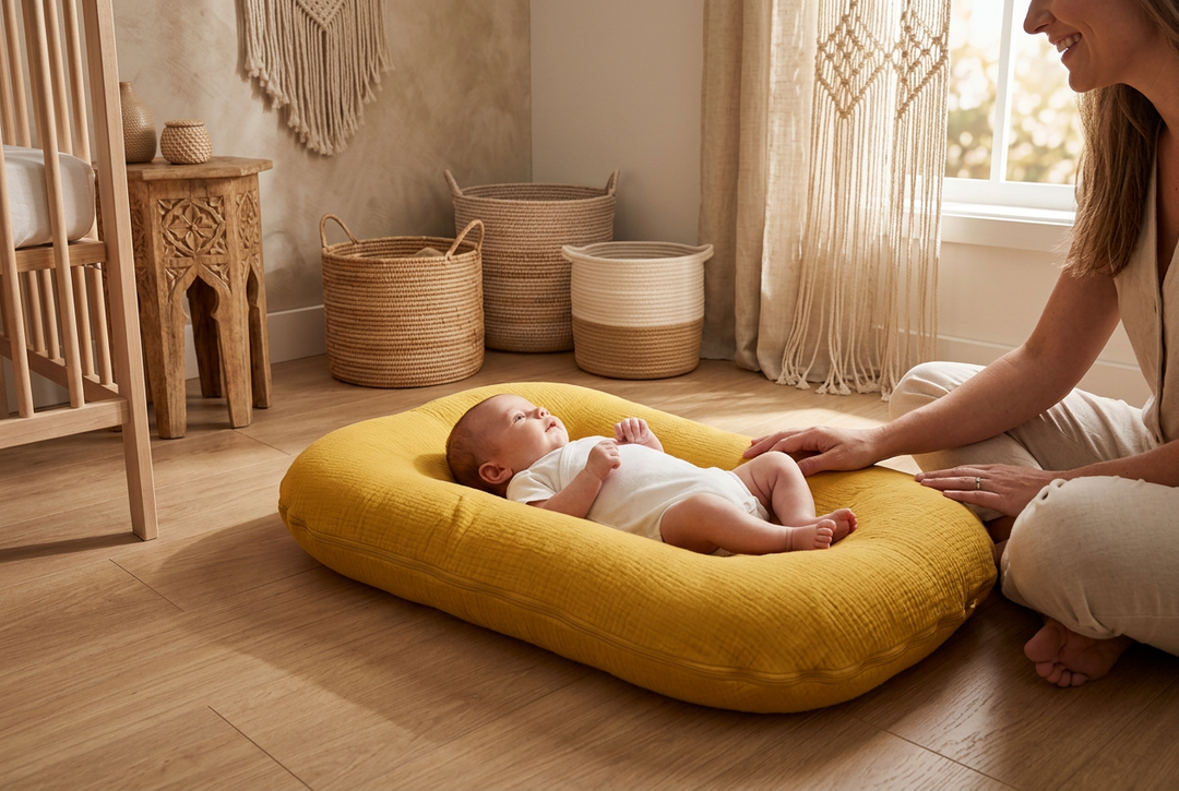 Baby ligt in een okergele ligstoel op de vloer van de babykamer, moeder zit ernaast 1