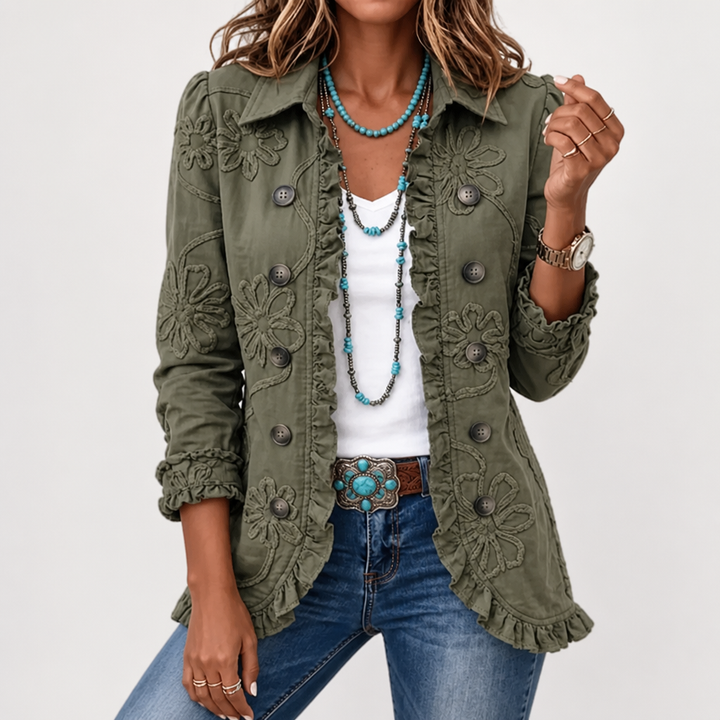 Floral Embroidered Utility Jacket - Vintage Boho Style with Ruffle Trim 4