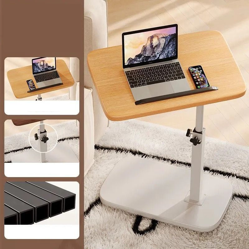 Laptopbureau met licht houtkleurig blad en witte voet en stang, met laptop en telefoon, plus detailbeelden van knop en buisprofiel. 4