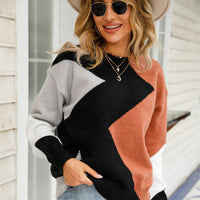 Sweter damski patchwork z okrągłym dekoltem – Clara