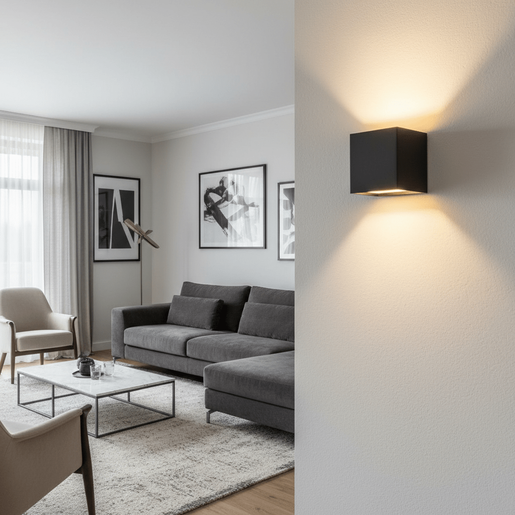 Zwarte kubusvormige wandlamp in close-up op een gestucte muur, met zachtwit licht naar boven en beneden; woonkamer op de achtergrond. 2