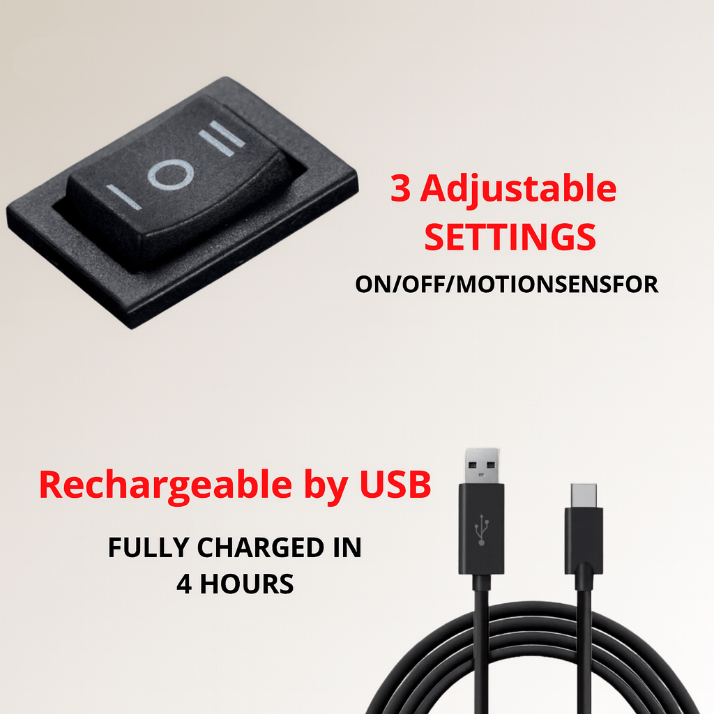 Close-up van de driestandenschakelaar en een zwarte USB-oplaadkabel met USB-C-stekker, bij uitleg over de standen en de oplaadtijd. 6