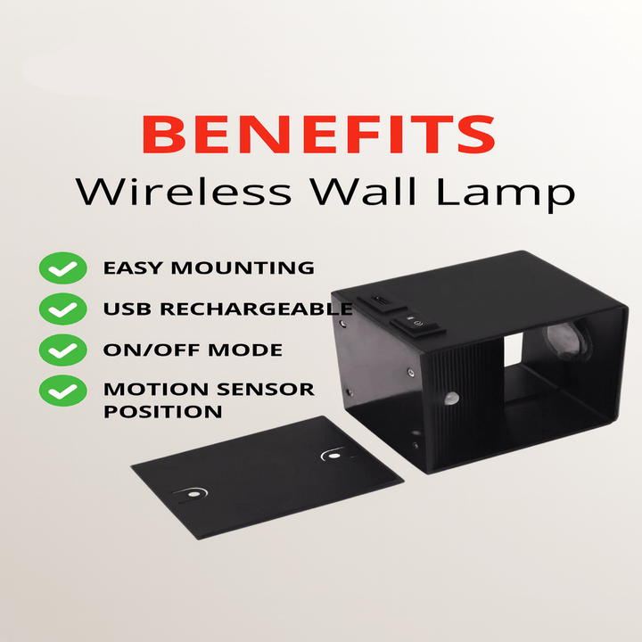 Zwarte draadloze wandlamp met losse montageplaat en een lijst met voordelen: eenvoudige montage, USB-oplaadbaar, aan/uit-stand en bewegingssensor. 7
