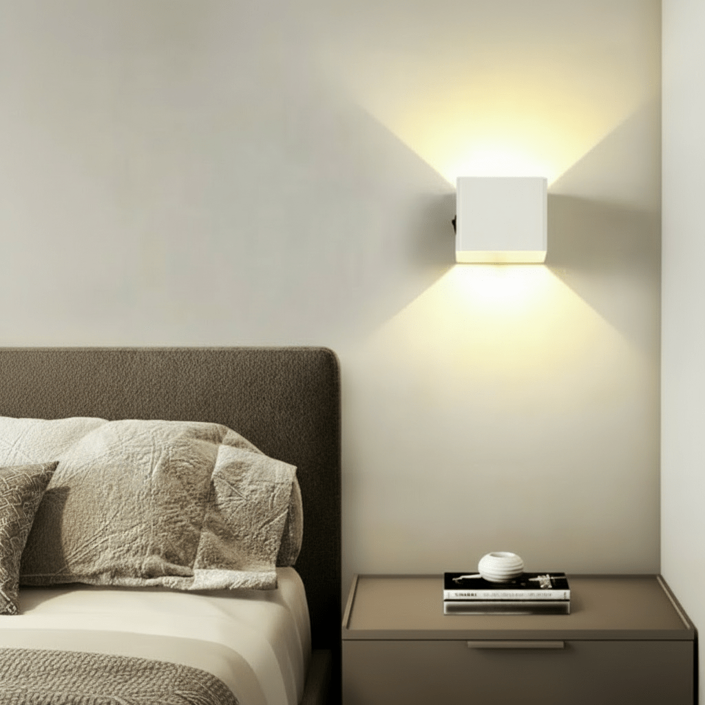 Witte kubusvormige wandlamp naast het hoofdeinde van een bed, boven een nachtkastje, met warm licht naar boven en beneden. 3