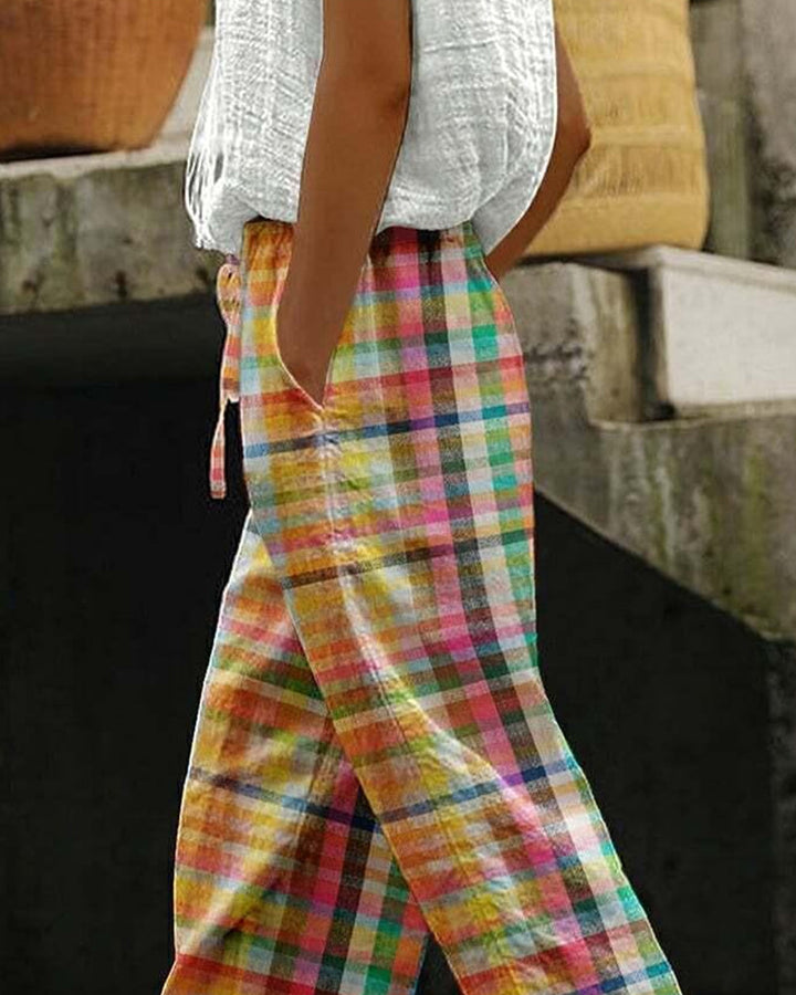 Damesbroek in vintage ruitpatroon met een gemiddelde taille – Aveline