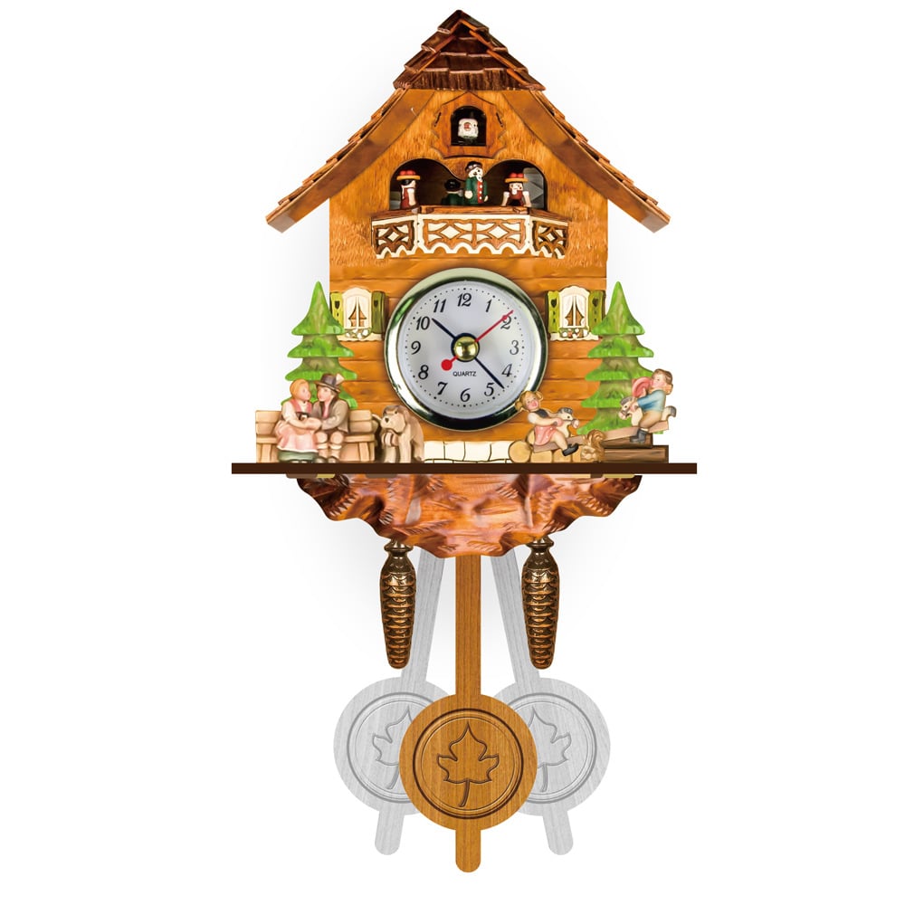Koekoeksklok met paar op een bankje, spelende kinderen op een wip, hondje, dennenbomen en dansende figuurtjes op het balkon. 7