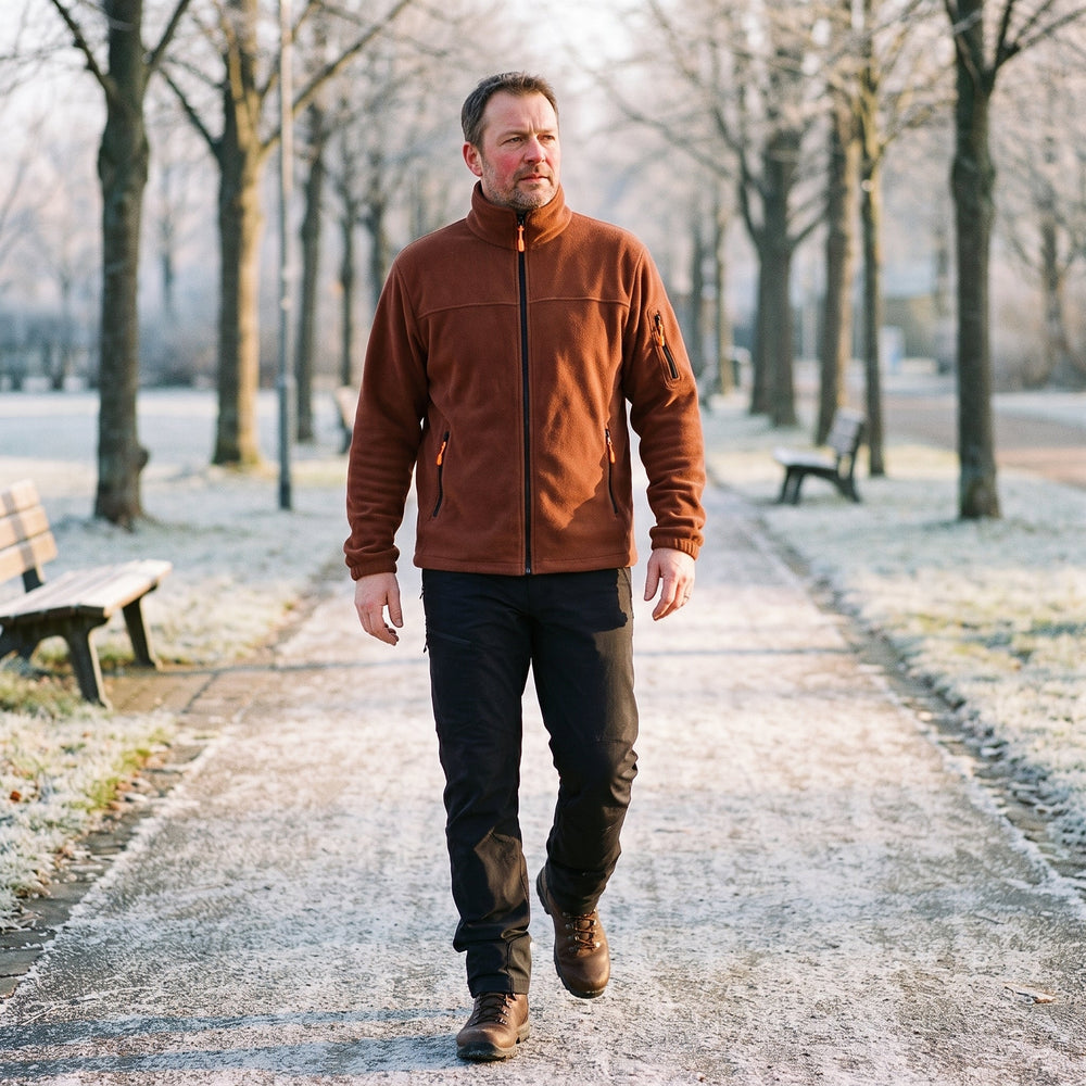 Man draagt de bruine fleecejack met zwarte broek tijdens een wandeling door een berijpt park 2