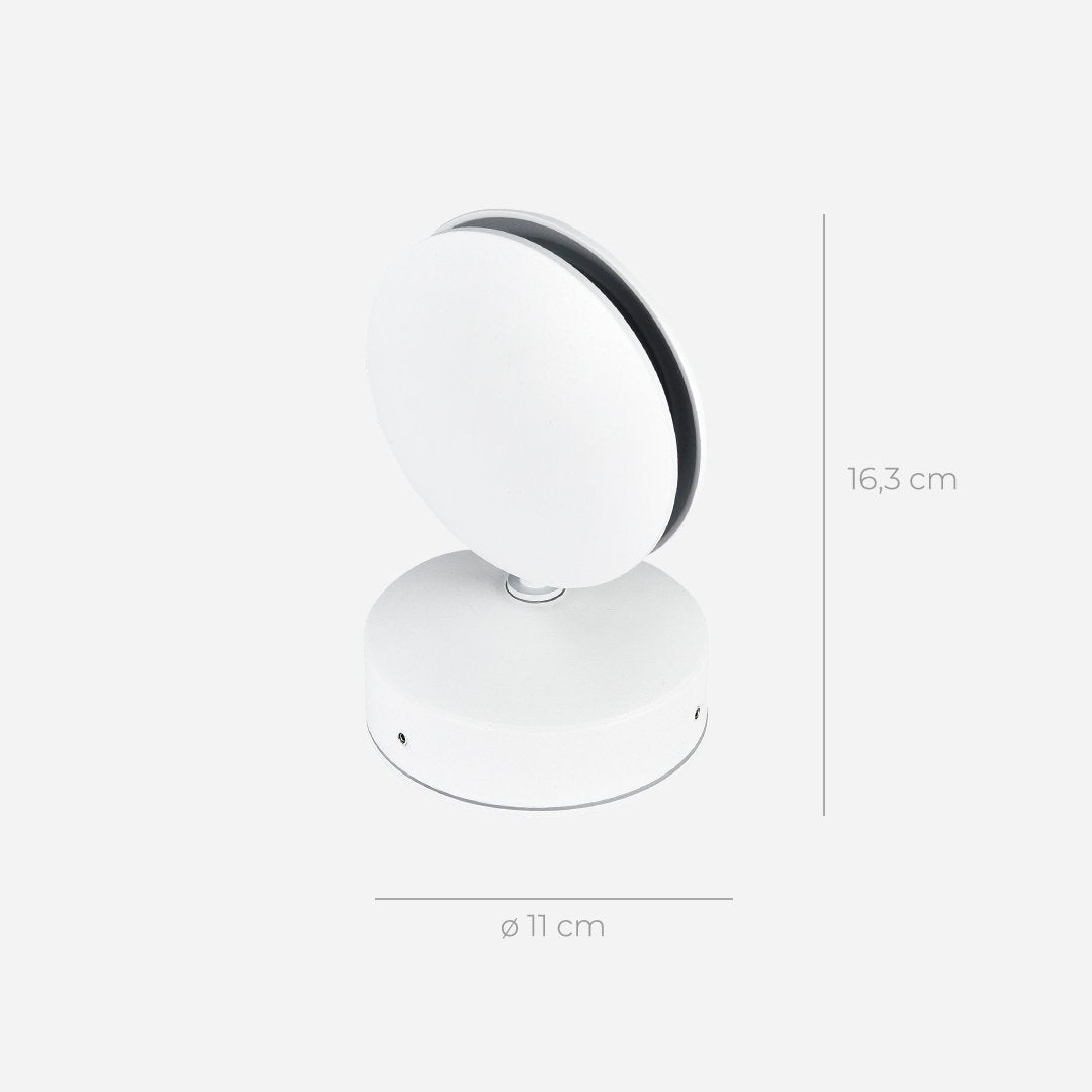 Witte lamp met ronde kop en ronde voet, met maataanduiding voor de hoogte en de diameter. 9