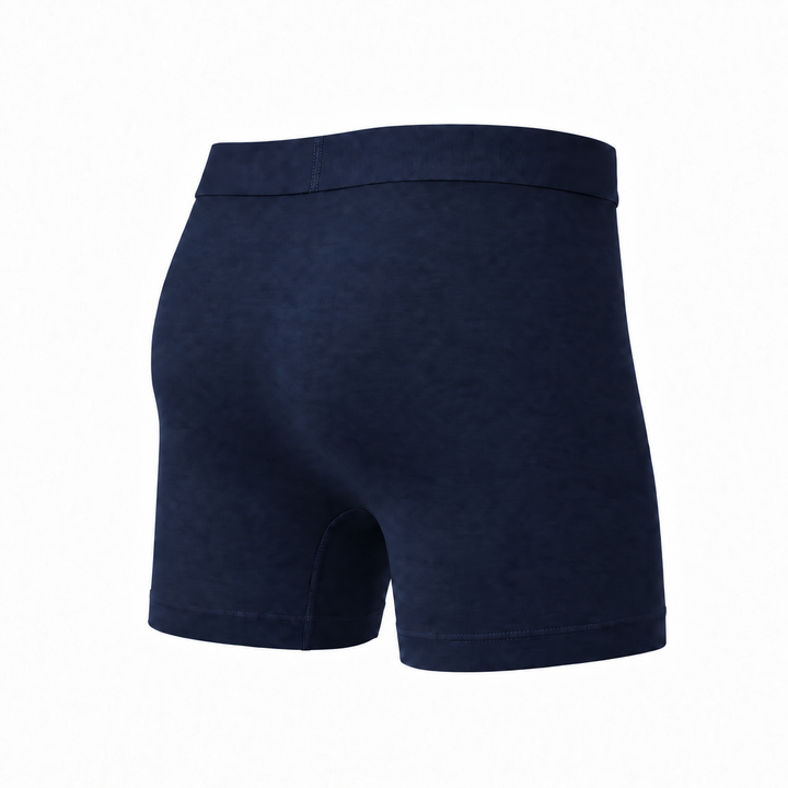 Donkerblauwe boxershort in achteraanzicht van schuin opzij, met effen stof en brede tailleband. 5