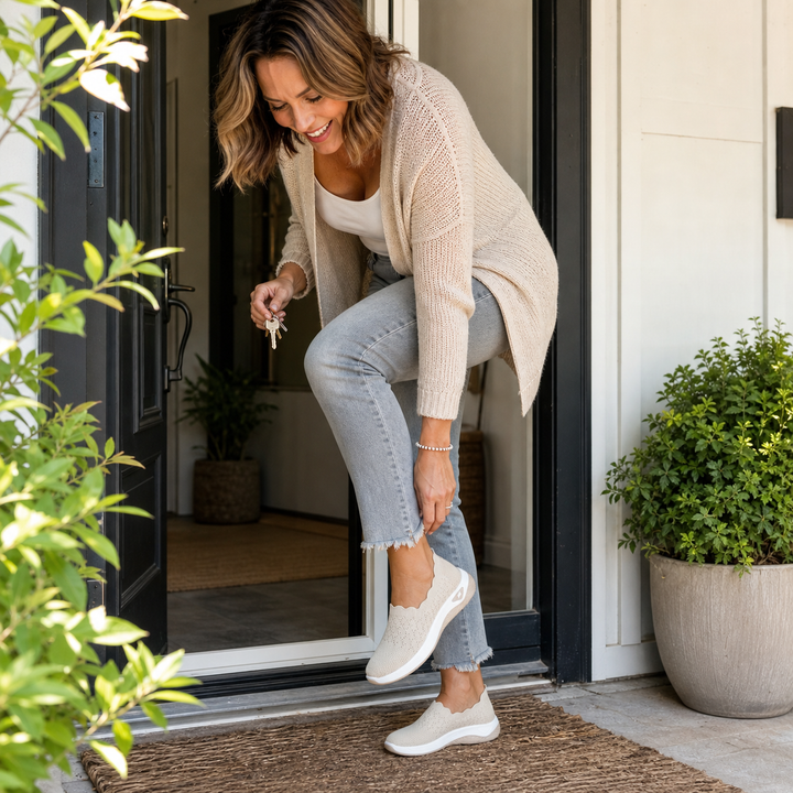 Vrouw met sleutels in de hand trekt voor haar voordeur beige instapschoenen aan 6