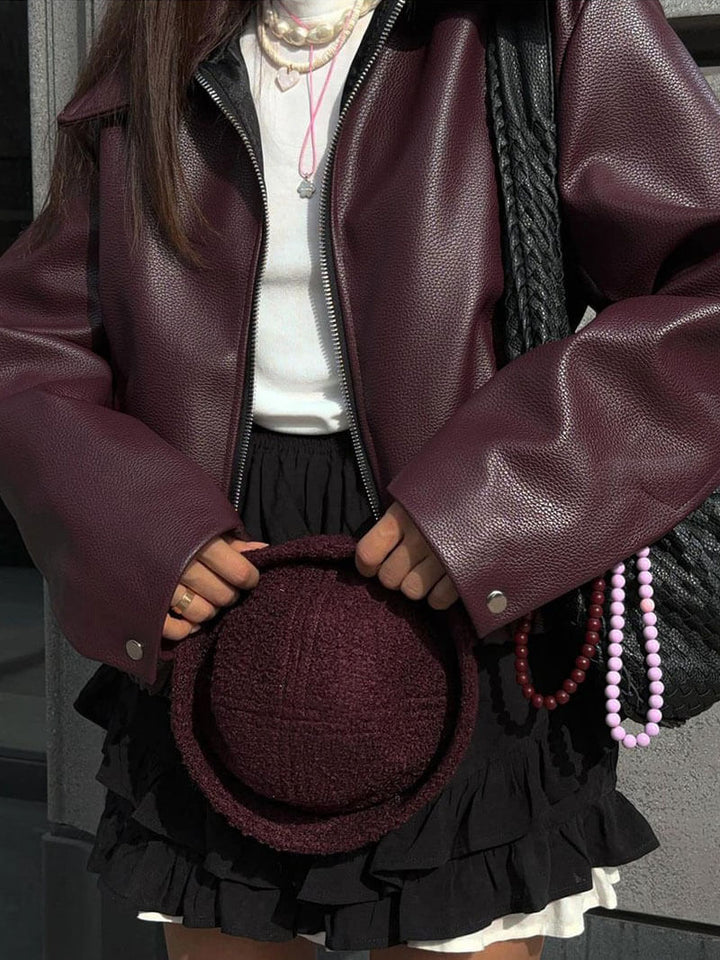 Burgundy Leather Women's Jacket with Zipper – Alessia