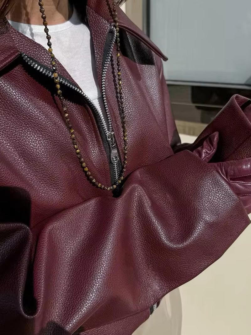 Burgundy Leather Women's Jacket with Zipper – Alessia