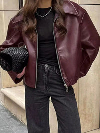Burgundy Leather Women's Jacket with Zipper – Alessia