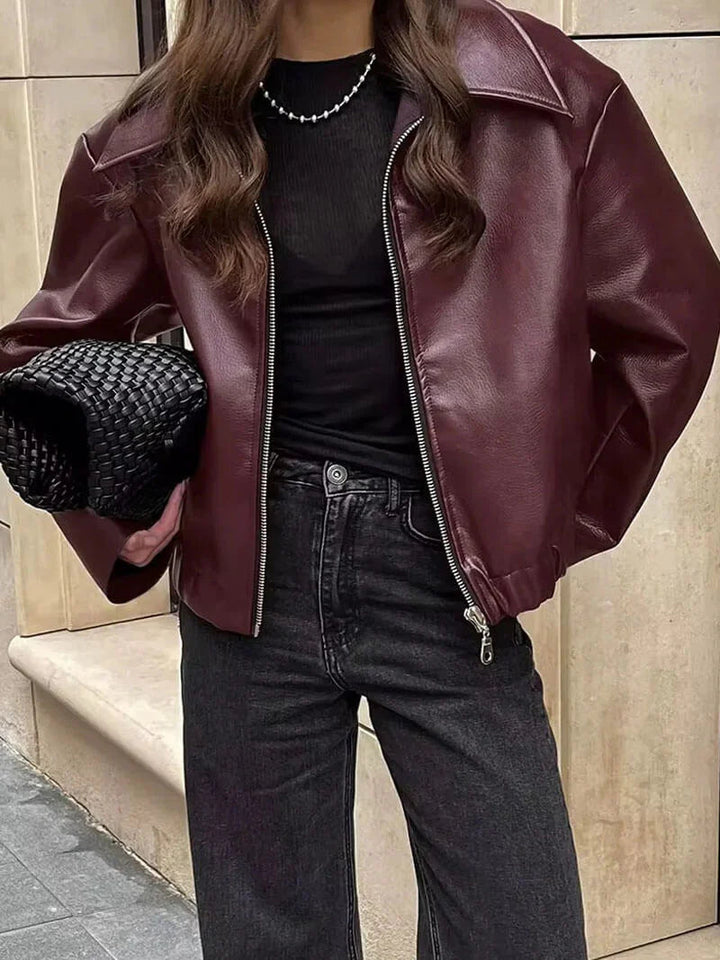 Burgundy Leather Women's Jacket with Zipper – Alessia